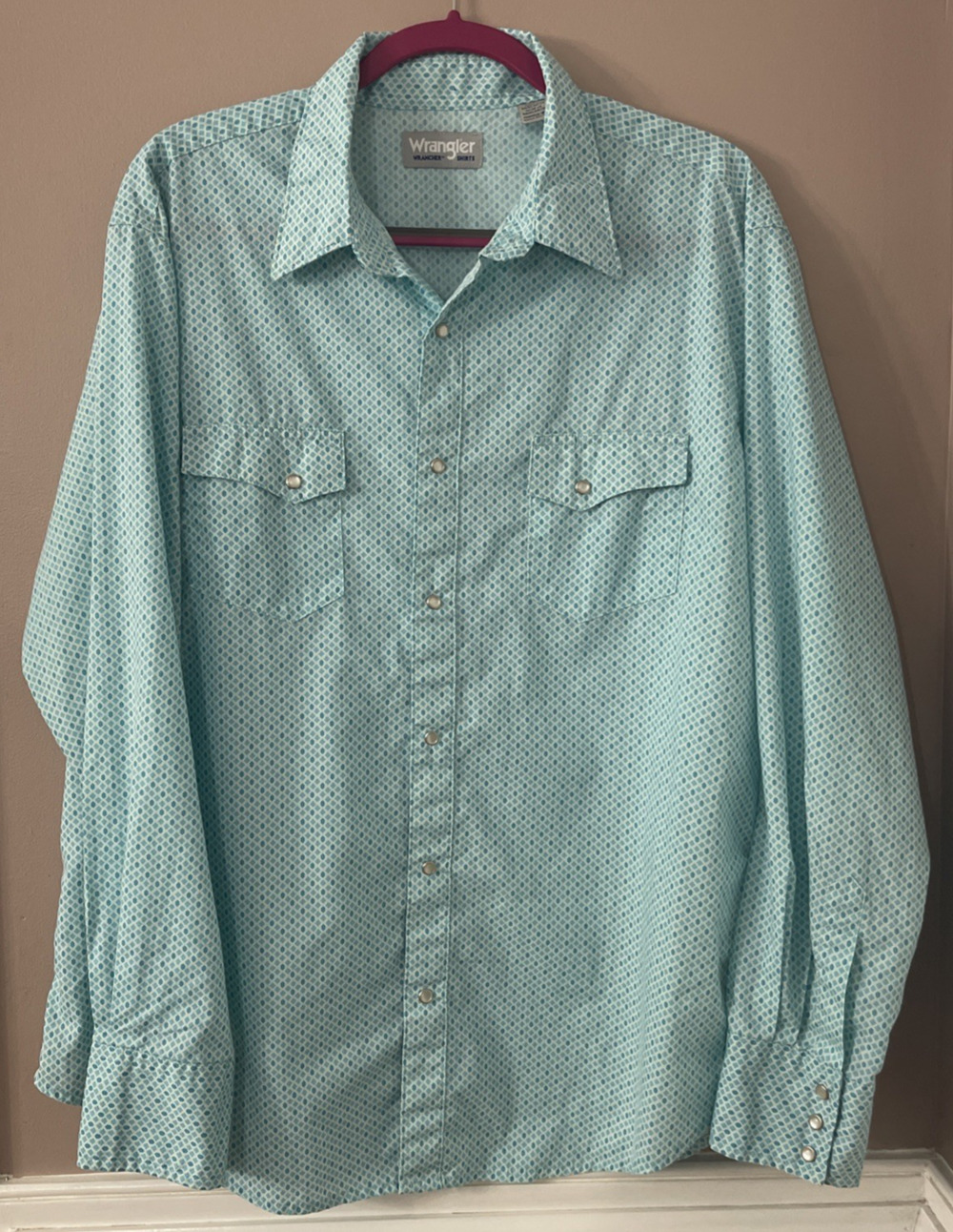 Wrangler Wrancher Pearl Snap Shirt Mens XL Geometric Turquoise Blue Long Sleeve